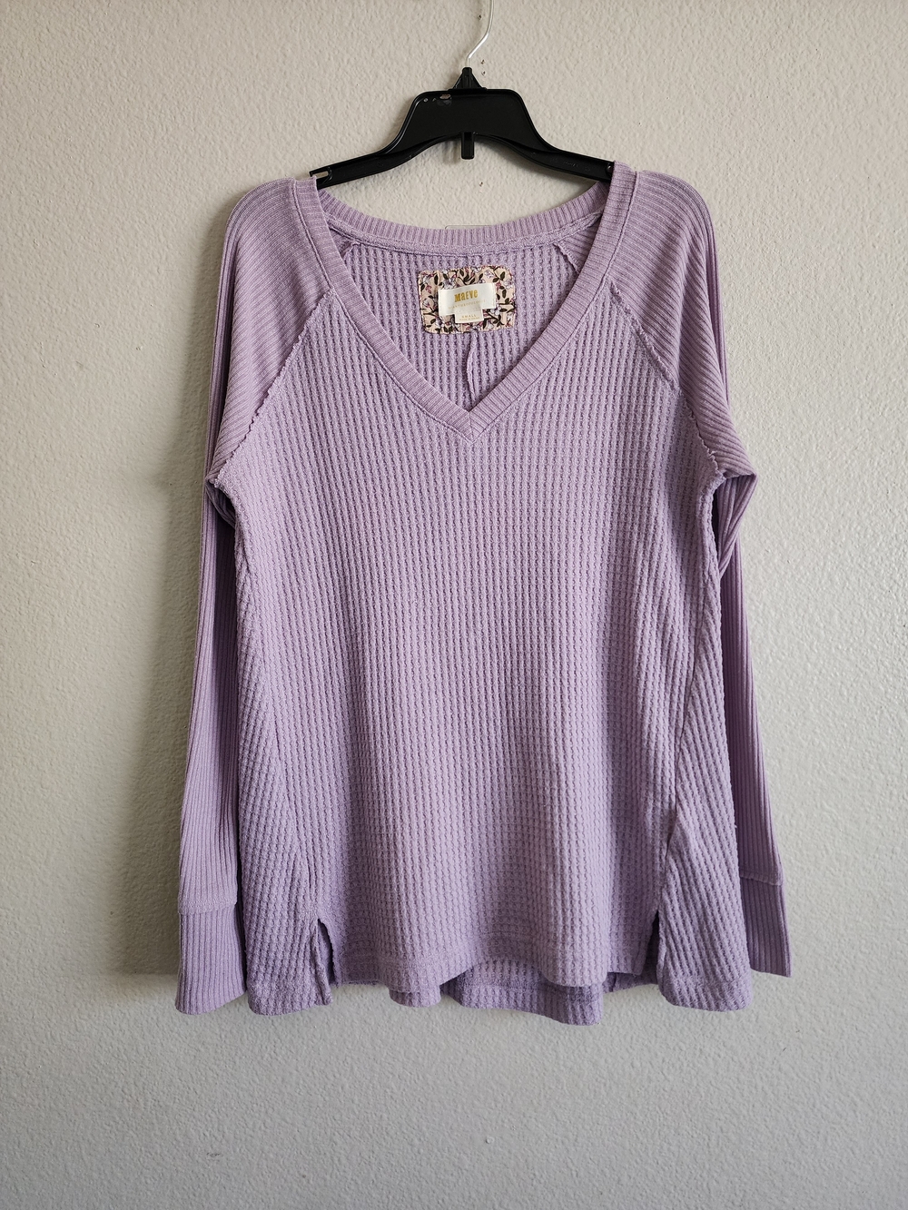 Anthropologie Lavender V-Neck Waffle Long Sleeve Top